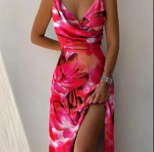 Tropical Print Maxi Dress with V-Neck and Slit (One Piece)